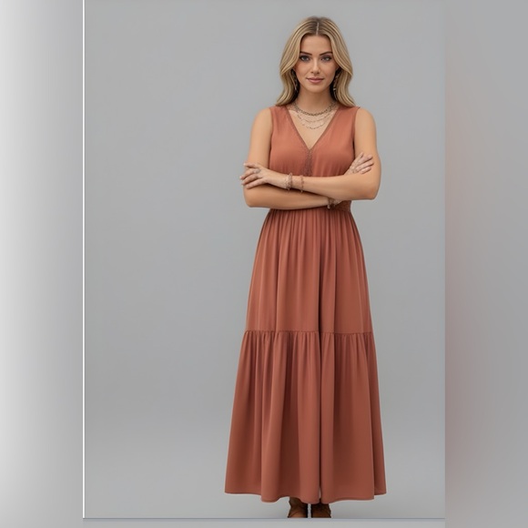 Rust Plunging Neck Ruffle Hem A-line Boho Dress - Picture 1 of 8